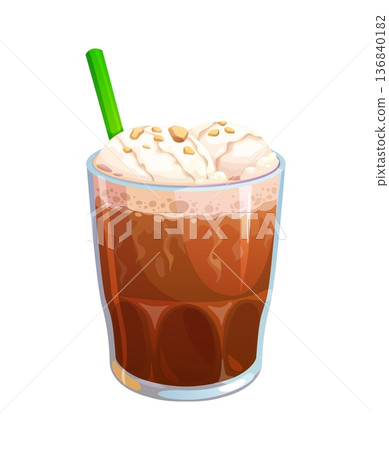 Frappe coffee or cold dessert drink in glass cup with drinking straw, cartoon vector. Frappe iced coffee or cappuccino freddo sweet dessert drink with milky foam froth and nuts or caramel flavor 136840182