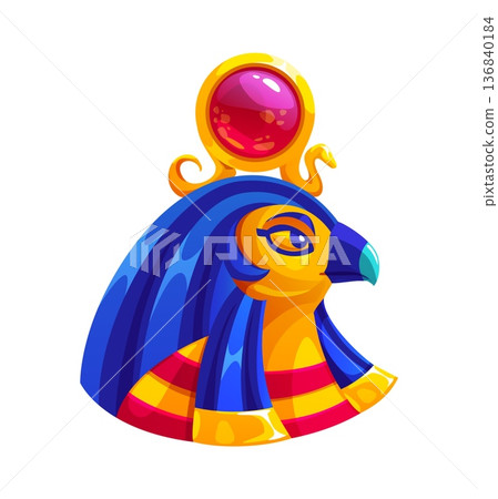 Egypt falcon god Horus head with red sun disc crown. Vector game icon asset, ancient Egyptian treasure. Divine royal profile of falcon shows sacred bird, ancient mythology symbol of power and myth 136840184