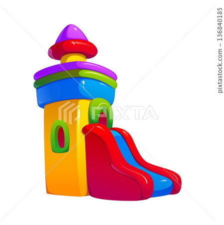 Trampoline park vector bouncy house castle with red and blue inflatable slide, tall yellow tower and round roof, green arch window. Vector amusement park inflatable bouncy castle for kids party event 136840185