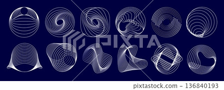 Geometric line round wave spiral vector shapes. Abstract geometric white line shapes in circular and spiral forms with smooth contours. Distortion and fluid wave movement, optical illusion Geometric line round wave spiral vector shapes. Abstract geometric white line shapes in circular and spiral forms with smooth contours. Distortion and fluid wave movement, optical illusion 136840193