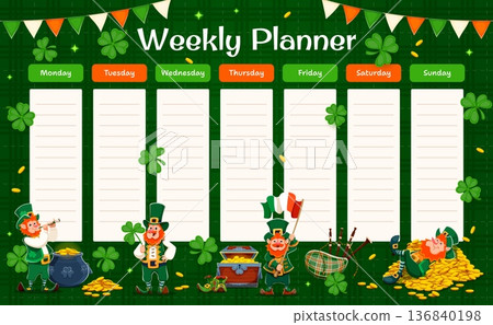 Weekly planner schedule template with Happy Saint Patrick's day holiday characters, vector week plan. St Patrick cartoon funny leprechauns and Irish flags on weekly schedule planner or to do organizer Weekly planner schedule template with Happy Saint Patrick's day holiday characters, vector week plan. St Patrick cartoon funny leprechauns and Irish flags on weekly schedule planner or to do organizer 136840198