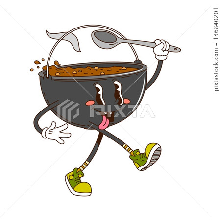 Cartoon groovy camping cooking pot funky character with funny face, vector travel object. Groovy camping pot cauldron character with silly tongue out or freaky smile and cooking food with ladle spoon Cartoon groovy camping cooking pot funky character with funny face, vector travel object. Groovy camping pot cauldron character with silly tongue out or freaky smile and cooking food with ladle spoon 136840201
