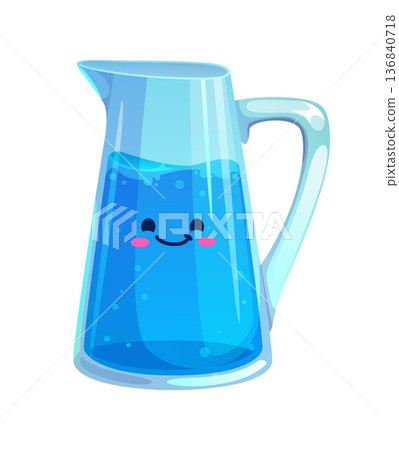 Cartoon water drink, cute kawaii water glass vector pitcher filled with blue beverage liquid and small bubbles floating inside. Jug with joyful smile and round eyes. Refreshing aqua drink personage Cartoon water drink, cute kawaii water glass vector pitcher filled with blue beverage liquid and small bubbles floating inside. Jug with joyful smile and round eyes. Refreshing aqua drink personage 136840718