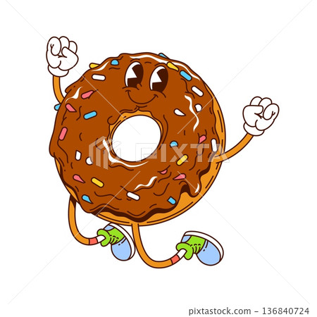 Cartoon retro donut groovy character. Isolated vector hippie doughnut pastry dessert personage with funky smile, chocolate glaze and sprinkles happily jumping, embodies a 70s vibe, with a cheery smile 136840724