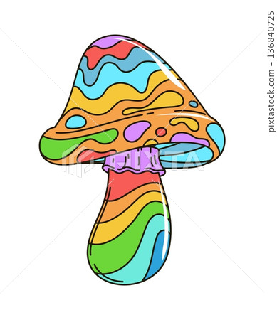 Cartoon groovy hippie psychedelic mushroom with retro rainbow pattern and swirling waves in bright colors. Vector funky trippy psilocybin fungus with soft glossy curves and whimsical vintage vibe Cartoon groovy hippie psychedelic mushroom with retro rainbow pattern and swirling waves in bright colors. Vector funky trippy psilocybin fungus with soft glossy curves and whimsical vintage vibe 136840725
