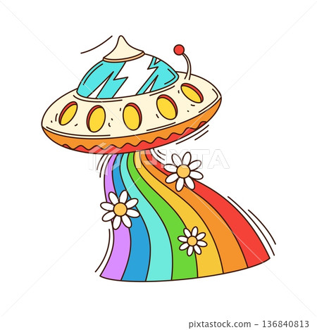 Space alien UFO cartoon groovy sticker or symbol. Cosmos invader retro hippie label, outer space groovy vector tag. Galaxy extraterrestrial life patch with alien UFO shooting rainbow colors beam Space alien UFO cartoon groovy sticker or symbol. Cosmos invader retro hippie label, outer space groovy vector tag. Galaxy extraterrestrial life patch with alien UFO shooting rainbow colors beam 136840813