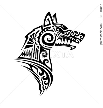 Maori animal tattoo of tribal wolf head with black lines, swirling pattern and geometric shapes. Vector fierce jackal or dog muzzle with pointed ears and jaw, strong animal emblem ethnic ornament 136840844
