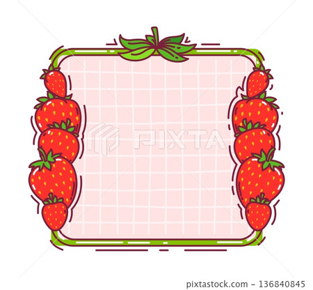Fresh ripe strawberry kids memo note frame. Kids schedule berry sticker, planner to do list vector strawberry label. Child diary memo note or frame with pink mesh, farm tasty red berries and leaves Fresh ripe strawberry kids memo note frame. Kids schedule berry sticker, planner to do list vector strawberry label. Child diary memo note or frame with pink mesh, farm tasty red berries and leaves 136840845