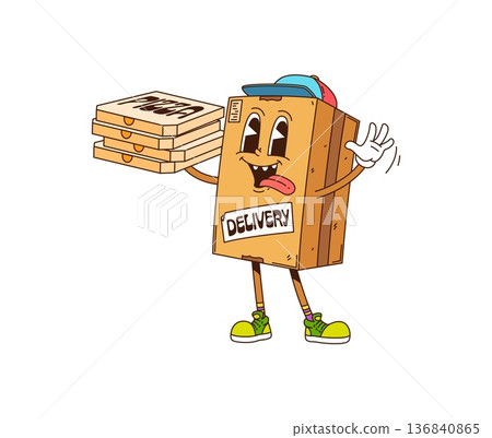 Cartoon groovy parcel box character with pizza delivery, vector funny emoji. Funky groovy parcel box in delivery hat with pizza boxes and silly freaky tongue out smile as cargo or mail post character Cartoon groovy parcel box character with pizza delivery, vector funny emoji. Funky groovy parcel box in delivery hat with pizza boxes and silly freaky tongue out smile as cargo or mail post character 136840865