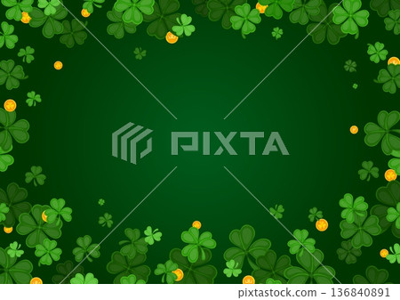 Shamrock clover and golden coins frame for Happy St Patrick's day decoration on vector green background. Saint Patrick day Irish holiday frame of trefoil clover leaves and leprechaun gold money coins Shamrock clover and golden coins frame for Happy St Patrick's day decoration on vector green background. Saint Patrick day Irish holiday frame of trefoil clover leaves and leprechaun gold money coins 136840891