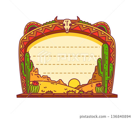 Memo note frame or kids paper sticker with Mexican theme, vector diary planner. Kids memo note with Mexican desert valley and cactus for daily plan list or message post page sheet for sticky note Memo note frame or kids paper sticker with Mexican theme, vector diary planner. Kids memo note with Mexican desert valley and cactus for daily plan list or message post page sheet for sticky note 136840894