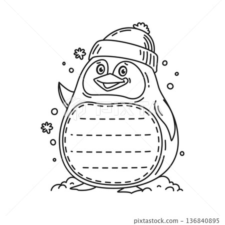 Kids memo note frame with funny penguin in winter hat for message note sticker, vector label. Cartoon cute animal or bird penguin for adhesive sticker post or notebook label for kids memo note Kids memo note frame with funny penguin in winter hat for message note sticker, vector label. Cartoon cute animal or bird penguin for adhesive sticker post or notebook label for kids memo note 136840895