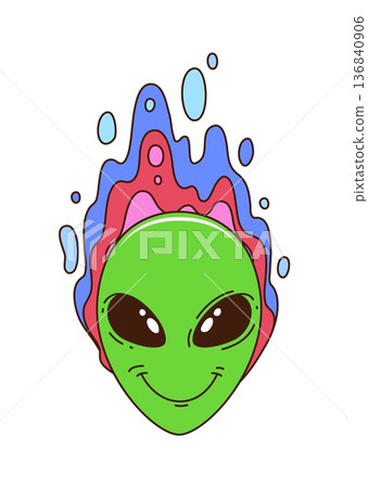 Space alien green face cartoon groovy cheerful character. Outer space discovery groovy sticker, astronomy and extraterrestrial life vector label with happy smiling alien green face and colorful liquid 136840906