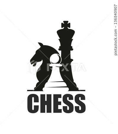 Chess board game club contest monochrome icon or emblem. Chess sport strategy symbol, board game competition vector sign. Business club emblem or icon with knight, pawn and king piece silhouettes Chess board game club contest monochrome icon or emblem. Chess sport strategy symbol, board game competition vector sign. Business club emblem or icon with knight, pawn and king piece silhouettes 136840907