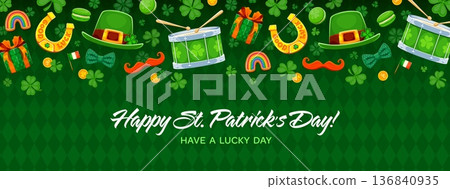 Holiday border frame for Happy St Patrick's Day greeting card. Vector Irish leprechaun hat and gold coins, shamrock clovers, rainbow cookie and lucky horseshoe frame for Saint Patrick greeting Holiday border frame for Happy St Patrick's Day greeting card. Vector Irish leprechaun hat and gold coins, shamrock clovers, rainbow cookie and lucky horseshoe frame for Saint Patrick greeting 136840935