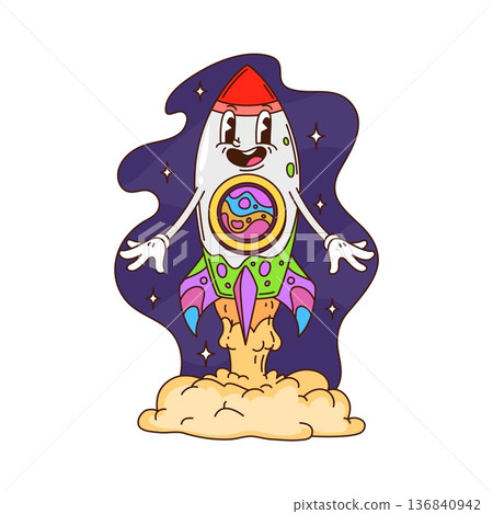 Cartoon groovy spaceship rocket, hippie funky character and trippy symbol. Retro vector rocket personage blasting off into starry night sky. Groovy mascot with flames and a playful face for prints Cartoon groovy spaceship rocket, hippie funky character and trippy symbol. Retro vector rocket personage blasting off into starry night sky. Groovy mascot with flames and a playful face for prints 136840942