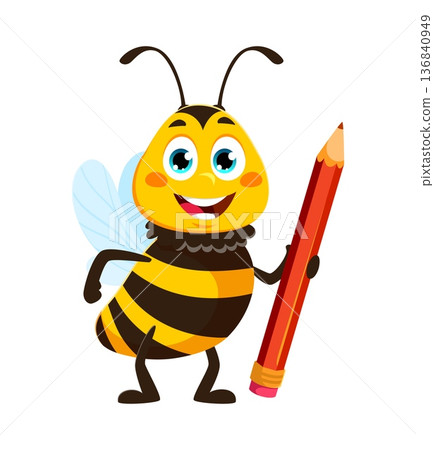 Holding pencil honey bee or wasp character. Bee, bumblebee or wasp cute character, farm garden insect baby cheerful vector isolated personage. Honeybee bug student funny cartoon mascot 136840949