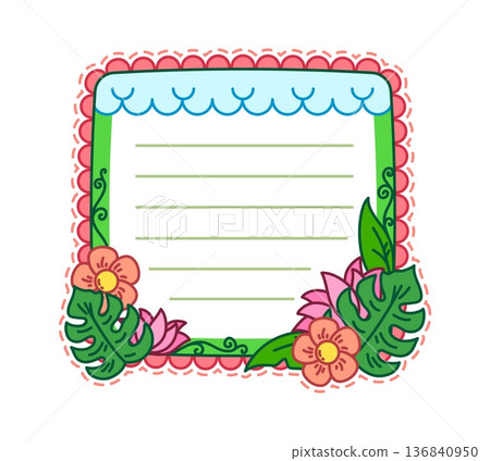 Monstera leaf and floral kids memo note frame. Kids planner vector spring rectangular frame, children scrapbook floral label. Child diary page nature memo note with tropical plant leaf and flowers Monstera leaf and floral kids memo note frame. Kids planner vector spring rectangular frame, children scrapbook floral label. Child diary page nature memo note with tropical plant leaf and flowers 136840950