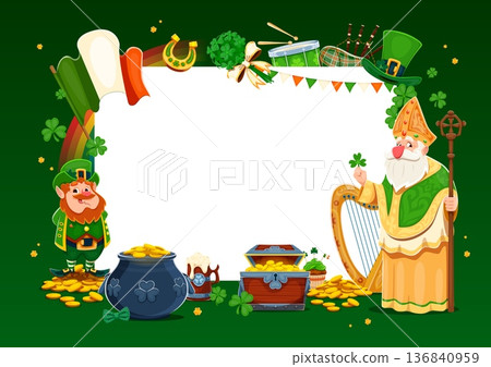 Happy Saint Patrick's Day greeting card frame template for Irish holiday, vector poster. St Patrick character with Ireland flag, leprechaun with gold coin pot in shamrock clovers frame for greeting 136840959