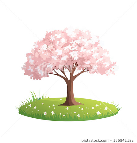 草坪上矗立著一棵櫻桃樹的插圖 136841182
