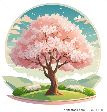 圓形畫框中的櫻花樹插圖 136841183