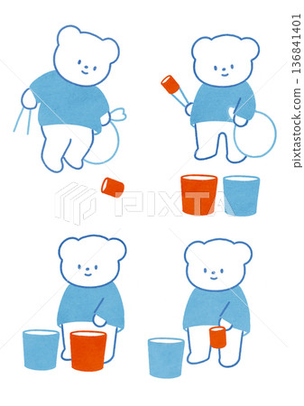 一組北極熊撿拾和分類垃圾的插圖，展現了環境保護和永續發展目標。 136841401