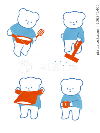 一組北極熊做家事的圖解：煮飯、打掃、洗衣服、休息 136841403