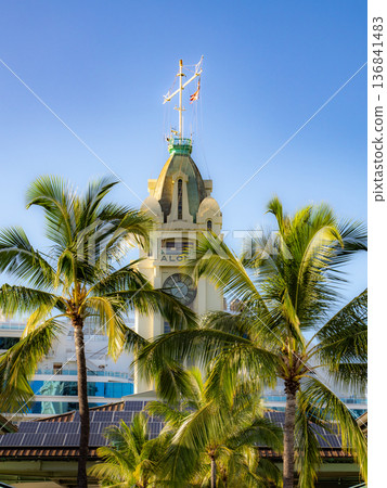 A clear blue sky and a view of the Aloha Tower 136841483