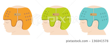 Illustration of an Asian baby wearing a helmet to correct his head shape 136841578