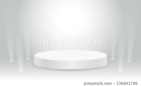 White blank podiums stand to show products on white background with lights, Vector illustration. 136841786