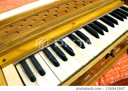 Close-Up View of Harmonium Keys and Wooden Body Close-Up View of Harmonium Keys and Wooden Body 136841847
