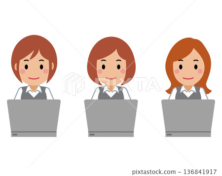 一位身穿灰色職業裝的年輕女子正在操作電腦 136841917