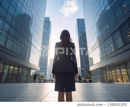 一位身穿西裝的女子仰望天空，邁向未來。 136842205