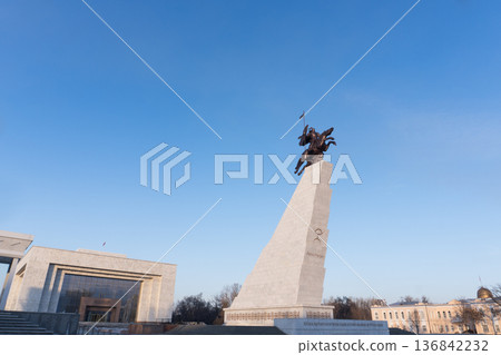 BISHKEK, KYRGYZSTAN - FEBRUARY 16, 2026. Monument to Manas the Magnanimous located at Ala-Too Square. 136842232
