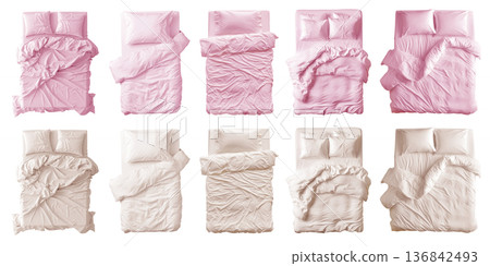 2 Collection set of pastel light pink beige blank blanket, pillows, comforter duvet bedding double king queen single bed top view on transparent cutout, PNG file. Many design. Mockup template 136842493