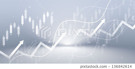 Abstract arrow up with stock market candlesticks glowing light effedct on white background. Business investment concept. 136842614