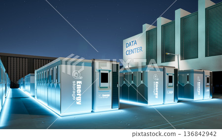 Energy storage systems or battery container units for data center at night Energy storage systems or battery container units for data center at night 136842942