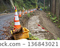 Road construction site: Repairing the shoulder of a worn mountain road 136843021