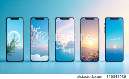3D智慧型手機展示。面向下一代設備的行動應用、UI/UX設計、背景素材。 136843086