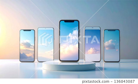 3D smartphone on display. Mobile app, UI/UX design, background material for next-generation devices. 136843087