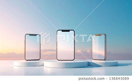 3D smartphone on display. Mobile app, UI/UX design, background material for next-generation devices. 136843089