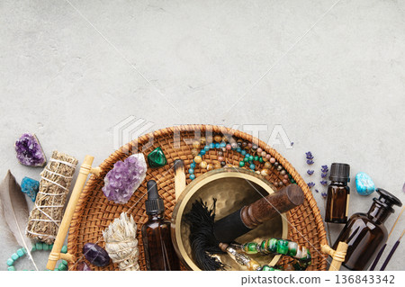 Spiritual Cleansing and Meditation Tools Flat Lay 136843342