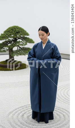 Calm asian woman in blue kimono standing on white gravel in zen garden near bonsai tree Calm asian woman in blue kimono standing on white gravel in zen garden near bonsai tree 136843404