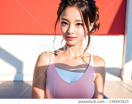 陽台上穿泳衣的年輕女子 136843625