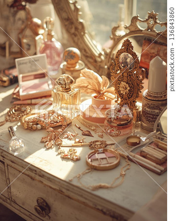 一張擺放著奢華香水和配件的化妝台 136843860