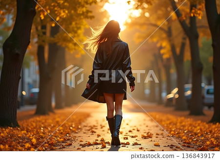 Young woman enjoying a sunny autumn day in a park surrounded by colorful leaves, wearing stylish seasonal clothing 136843917