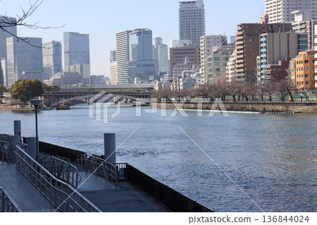 從大阪市大川對岸的天滿橋眺望城市景觀 136844024