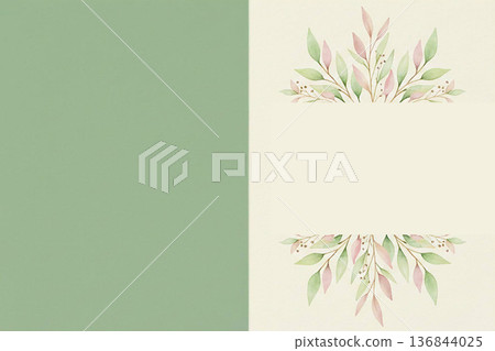 雙折卡版面設計材料：鼠尾草綠與水彩植物邊框 136844025