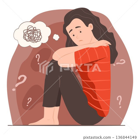 Depressed Woman Sitting on the Floor with Feeling of Stress for Mental Health Concept Illustration Depressed Woman Sitting on the Floor with Feeling of Stress for Mental Health Concept Illustration 136844149
