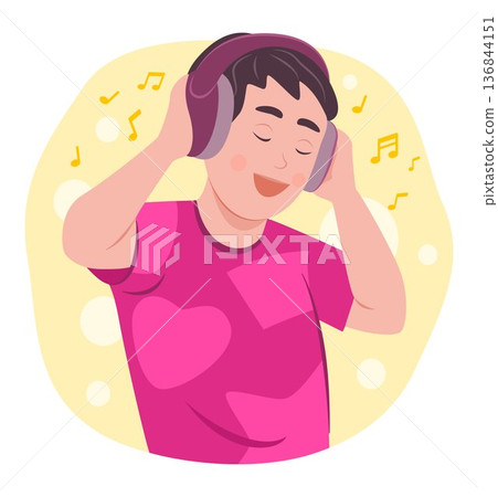 Happy Cheerful Boy Listen to a Song from Headphones for Leisure, Hobby and Lifestyle Concept Illustration Clip Art Happy Cheerful Boy Listen to a Song from Headphones for Leisure, Hobby and Lifestyle Concept Illustration Clip Art 136844151